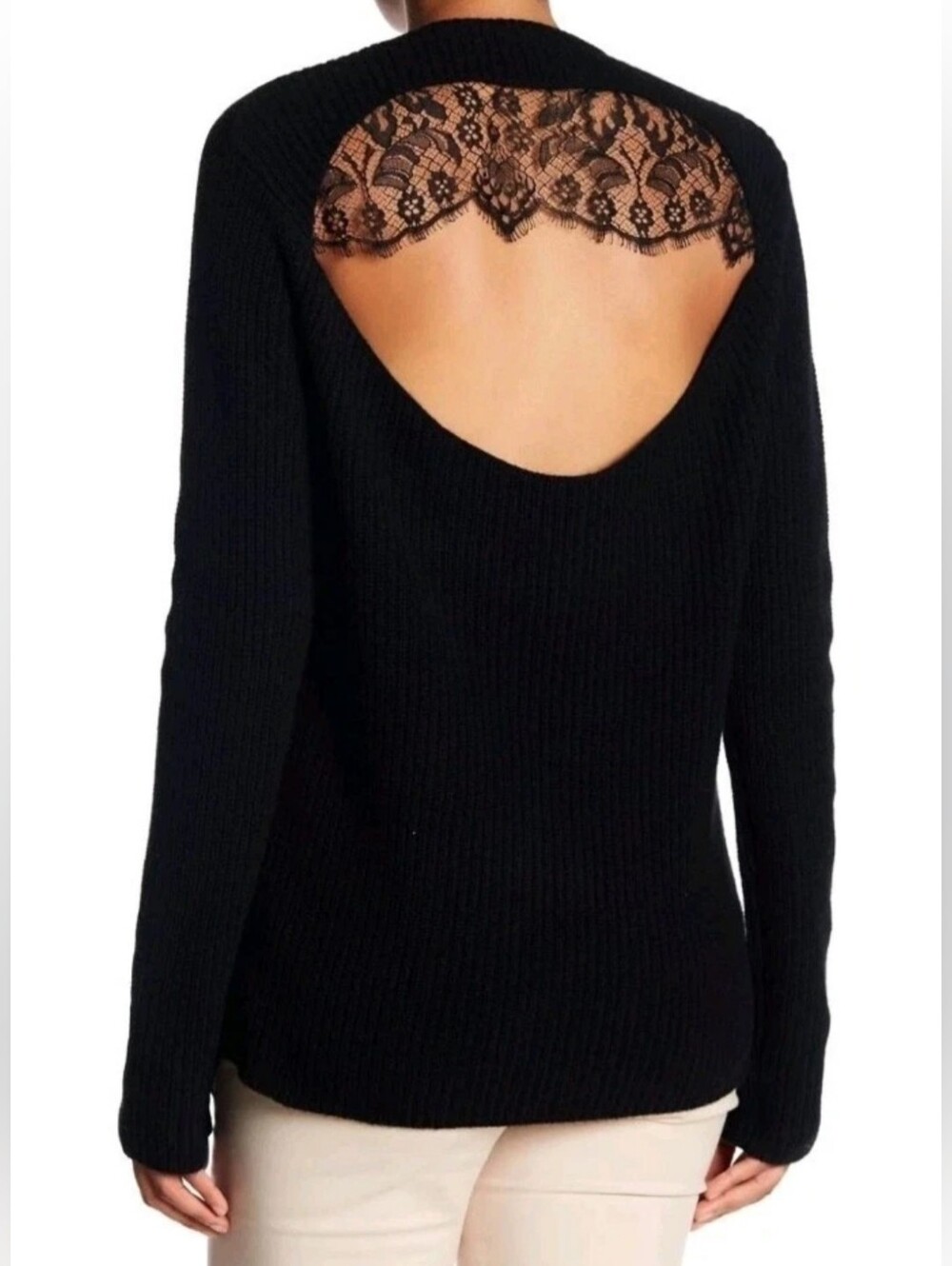 A.L.C. Peter Lace Back Ribbed Knit Black Wool Cashmere Sweater Relaxed XS Reg ~M
